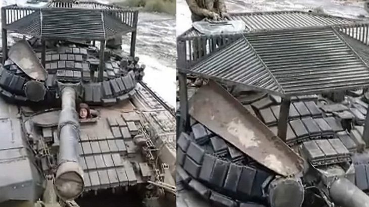 Ruský tank s klecí