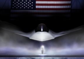 Animace F-47 s americkou vlajkou