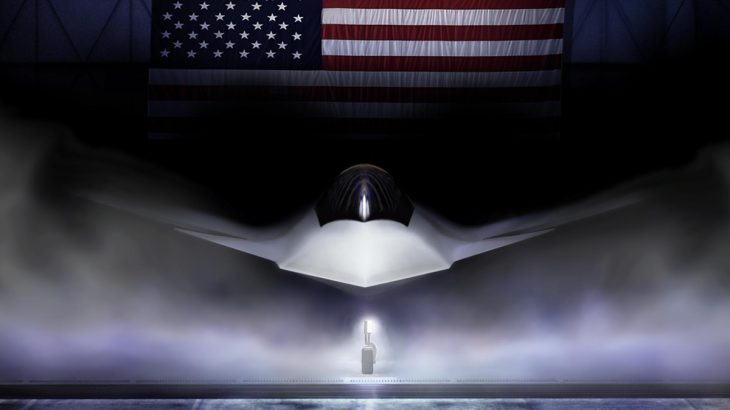 Animace F-47 s americkou vlajkou