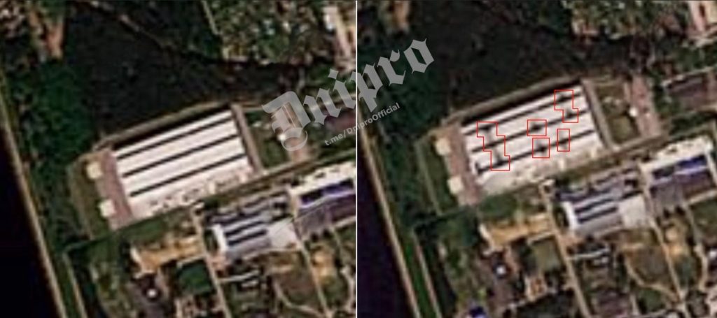 Satelitní snímek potvrzující poškození fabriky Kronstadt