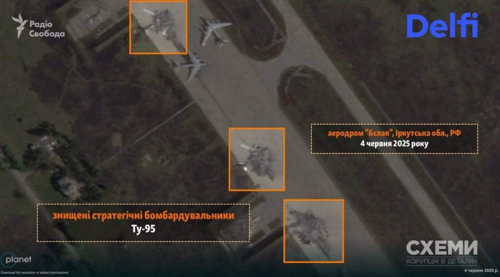 Satelitní snímek se zničenými ruskými bombardéry v rámci operace Pavučina