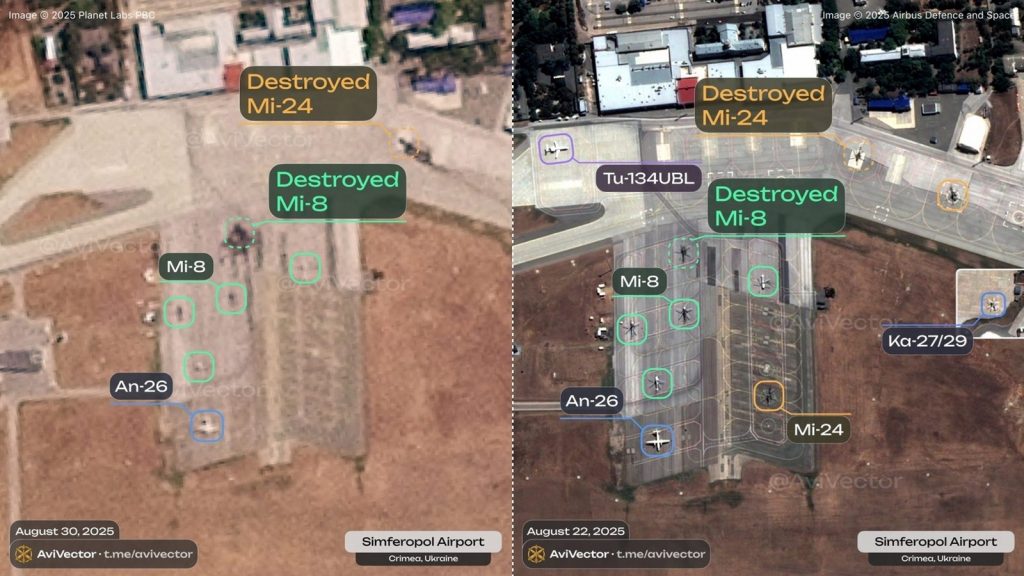 Satelitní snímek letiště Simferopol (22. srpna 2025 před, a 30. srpna 2025 po útoku dronů)