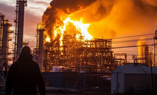 Hořící ropná rafinerie