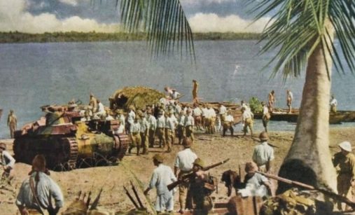Singapur, vylodění Japonců s tankem Chi Ha, 1942