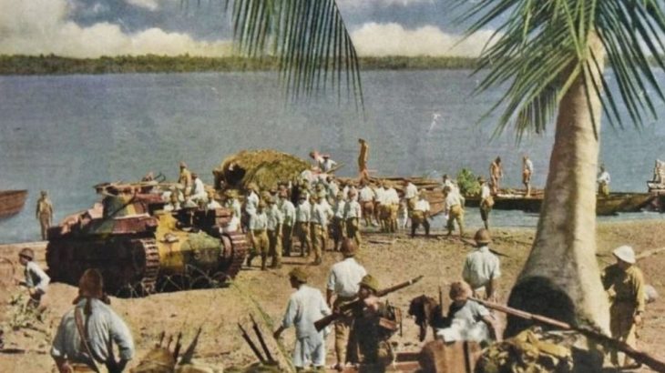 Singapur, vylodění Japonců s tankem Chi Ha, 1942