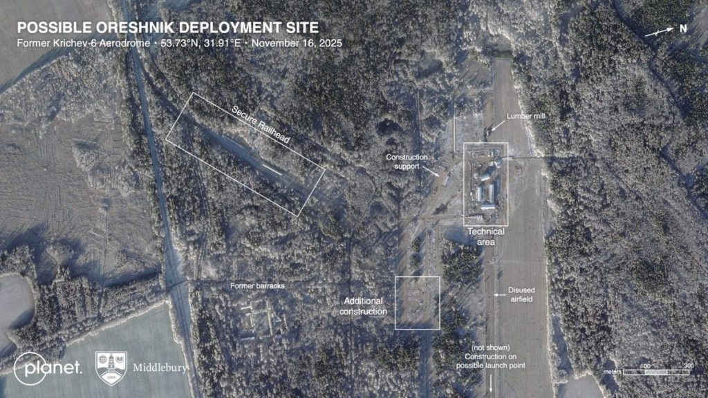 Pravděpodobné umístění rakety Orešnik v Bělorusku