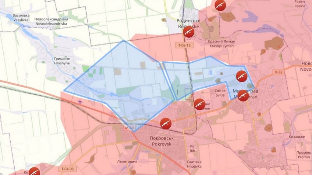 Mapa ukazující, že Ukrajinci stále drží až 30 % města Pokrovsk