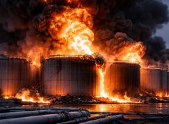 Mohutně hořící ropný sklad