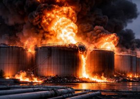 Mohutně hořící ropný sklad