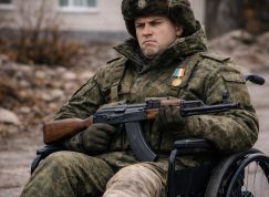 Ruský voják na invalidním vozíku s útočnou puškou Kalašnikov