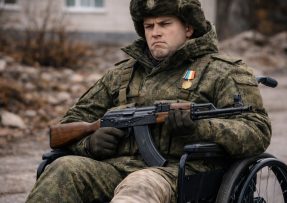 Ruský voják na invalidním vozíku s útočnou puškou Kalašnikov