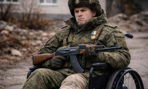 Ruský voják na invalidním vozíku s útočnou puškou Kalašnikov