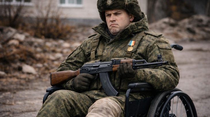 Ruský voják na invalidním vozíku s útočnou puškou Kalašnikov