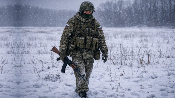 Ruský voják kráčí přes otevřené pole