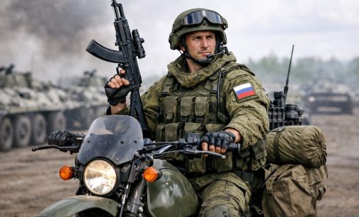 Ruský voják s útočnou puškou na motorce