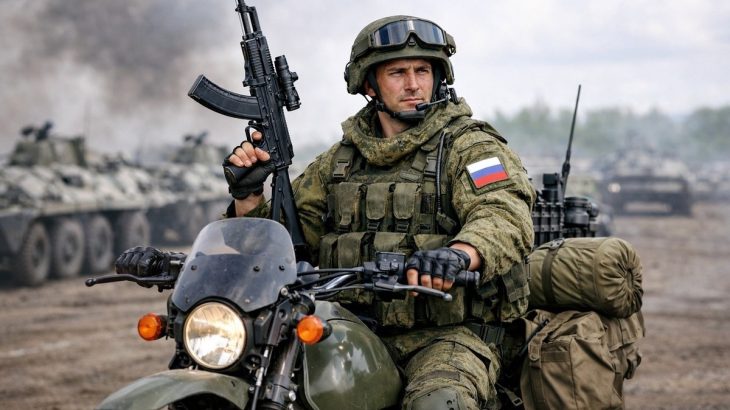 Ruský voják s útočnou puškou na motorce