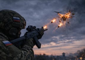 Ruský voják střílí na dron municí „mnoho teček“
