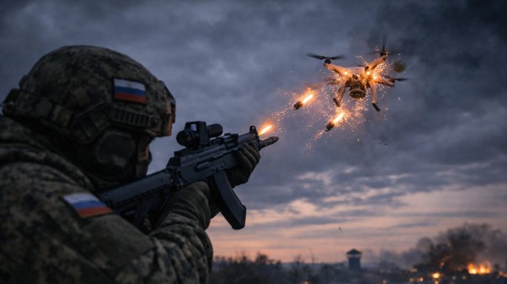Ruský voják střílí na dron municí „mnoho teček“