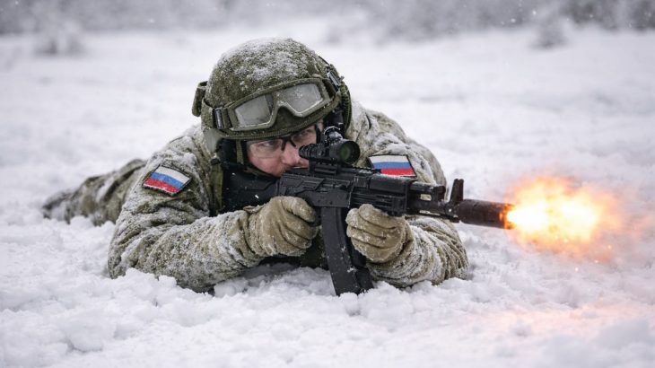 Ruský voják ve sněhu střílí z útočné pušky