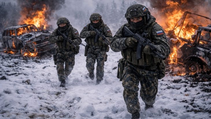 Ruští vojáci v zasněžené krajině
