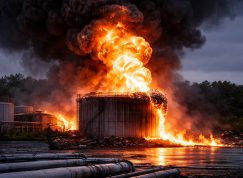 Hořící sklad paliva