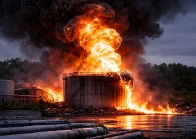 Hořící sklad paliva