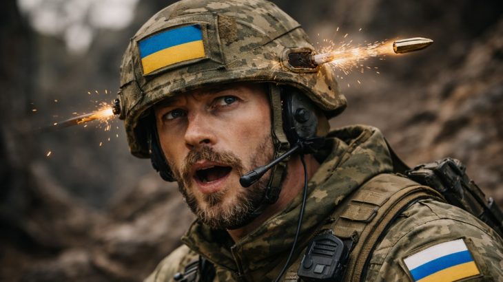 Ukrajinský voják, jemuž střela proletěla helmou