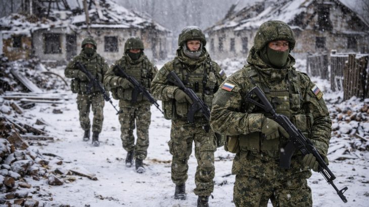 Ruští vojáci kráčí zasněženou vesnicí po bombardování