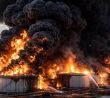 Mohutně hořící ropný sklad