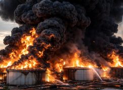 Mohutně hořící ropný sklad