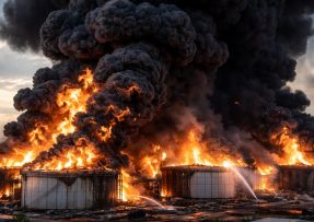 Mohutně hořící ropný sklad