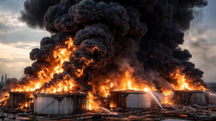 Mohutně hořící ropný sklad