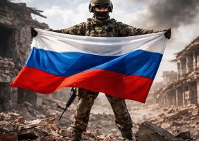 Ruský voják s vlajkou