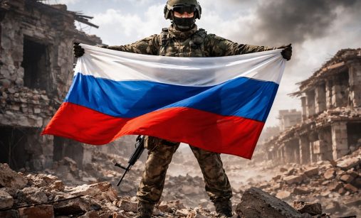 Ruský voják s vlajkou