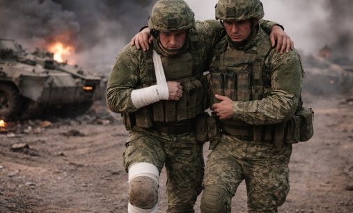 Ukrajinský voják vede raněného