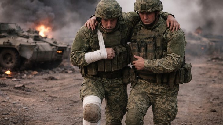 Ukrajinský voják vede raněného