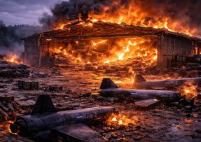 Hořící ruský sklad dronů