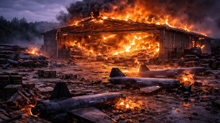 Hořící ruský sklad dronů