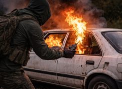 Partyzán podpaluje bílé auto