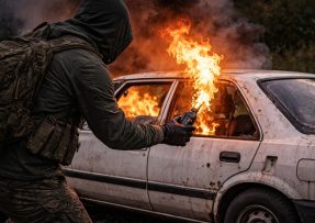 Partyzán podpaluje bílé auto