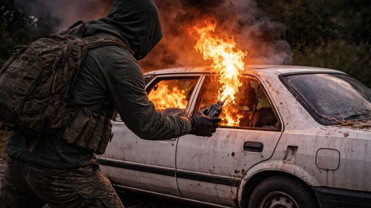 Partyzán podpaluje bílé auto