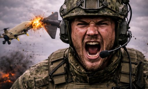 Ruský voják, za nímž STING ničí dron Geran-2