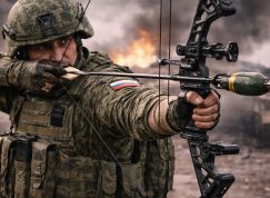 Ruský voják střílí šíp s granátem z luku