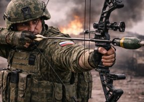 Ruský voják střílí šíp s granátem z luku