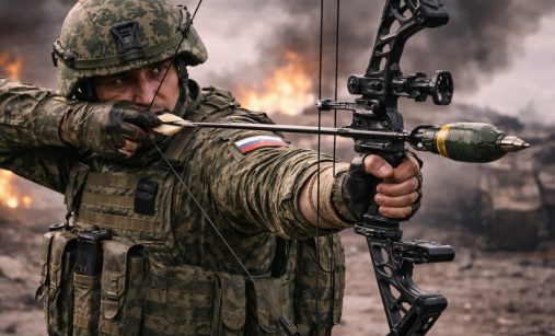 Ruský voják střílí šíp s granátem z luku