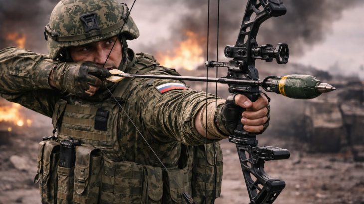 Ruský voják střílí šíp s granátem z luku