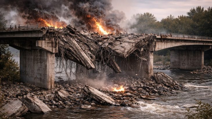 Zničený most přes řeku