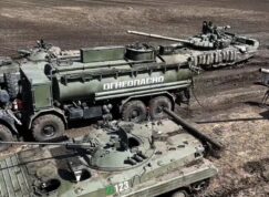 Ruská kolona s tankem, BMP a cisternou