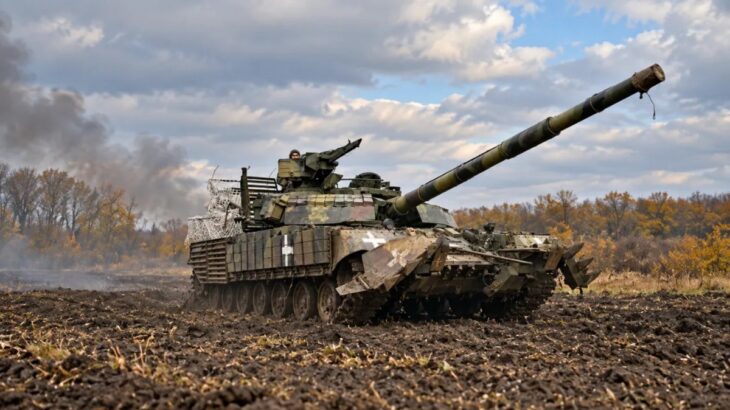 Ukrajinský tank T-64BV s pluhem MKT-6